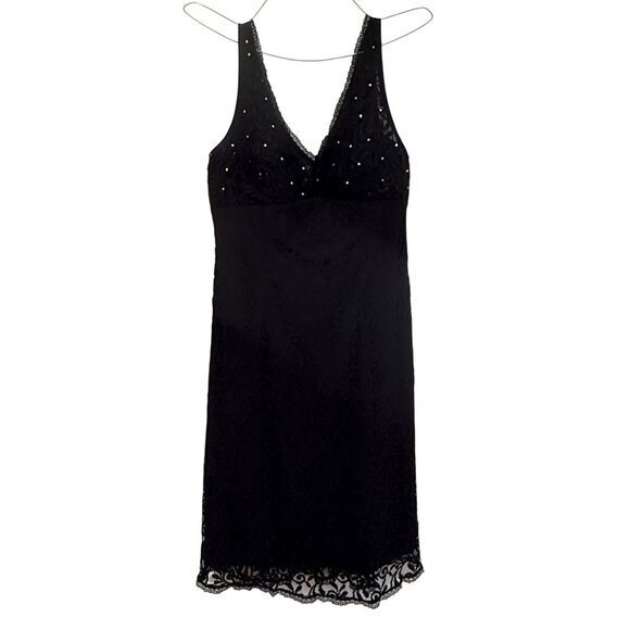 Black Y2K‎ Sleeveless Formal Dress Sequin Lace Bodice Babydoll V Neck & Back 8 - Picture 5 of 11